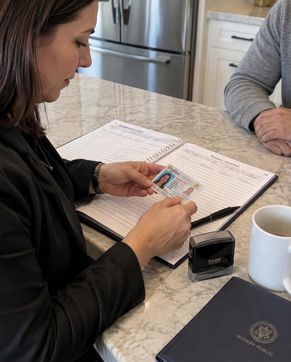 A notary checking a client's Virginia ID before a signing